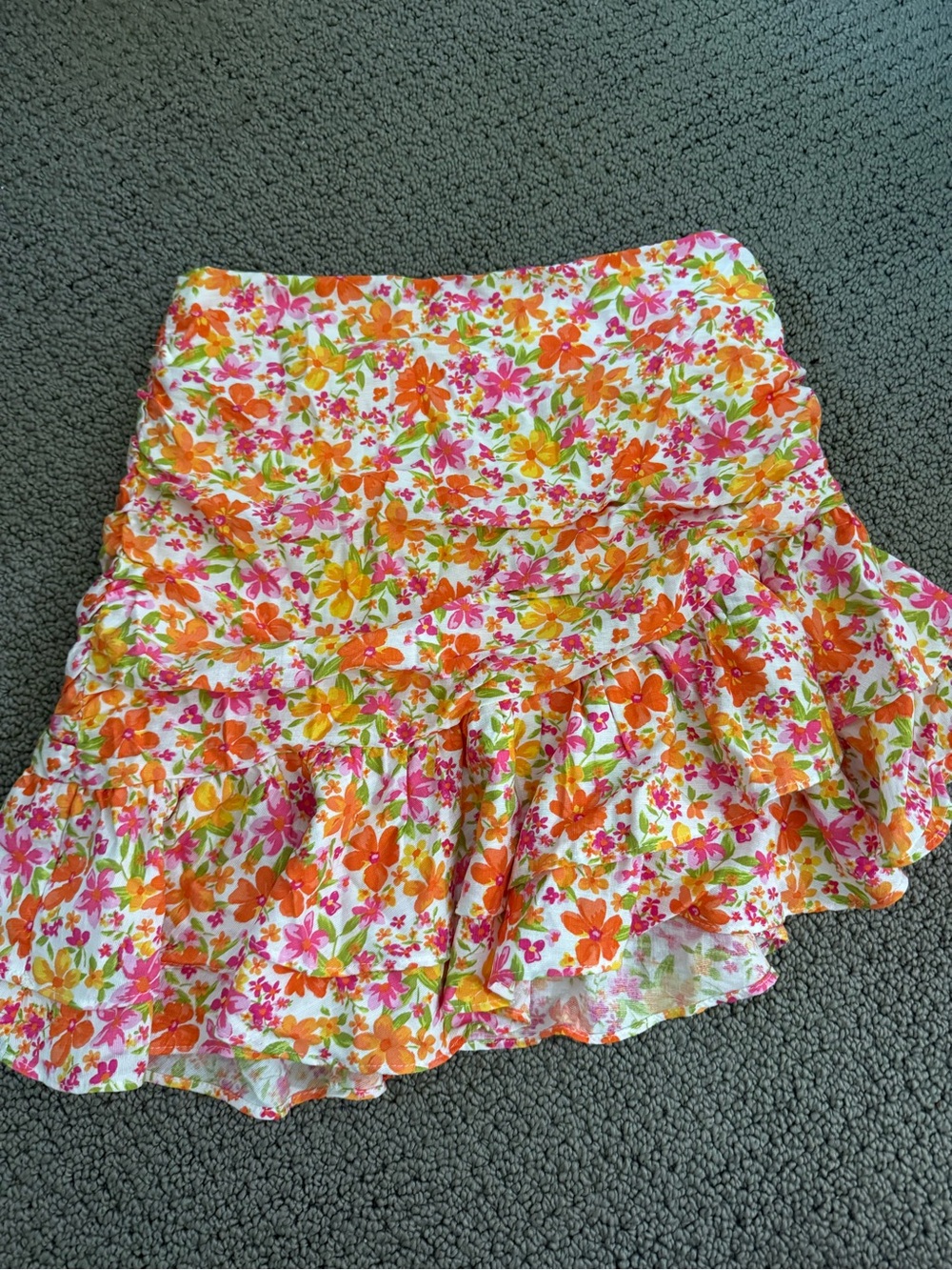 American Threads asymmetrical Orange & Pink Floral Ruffle Mini Skirt